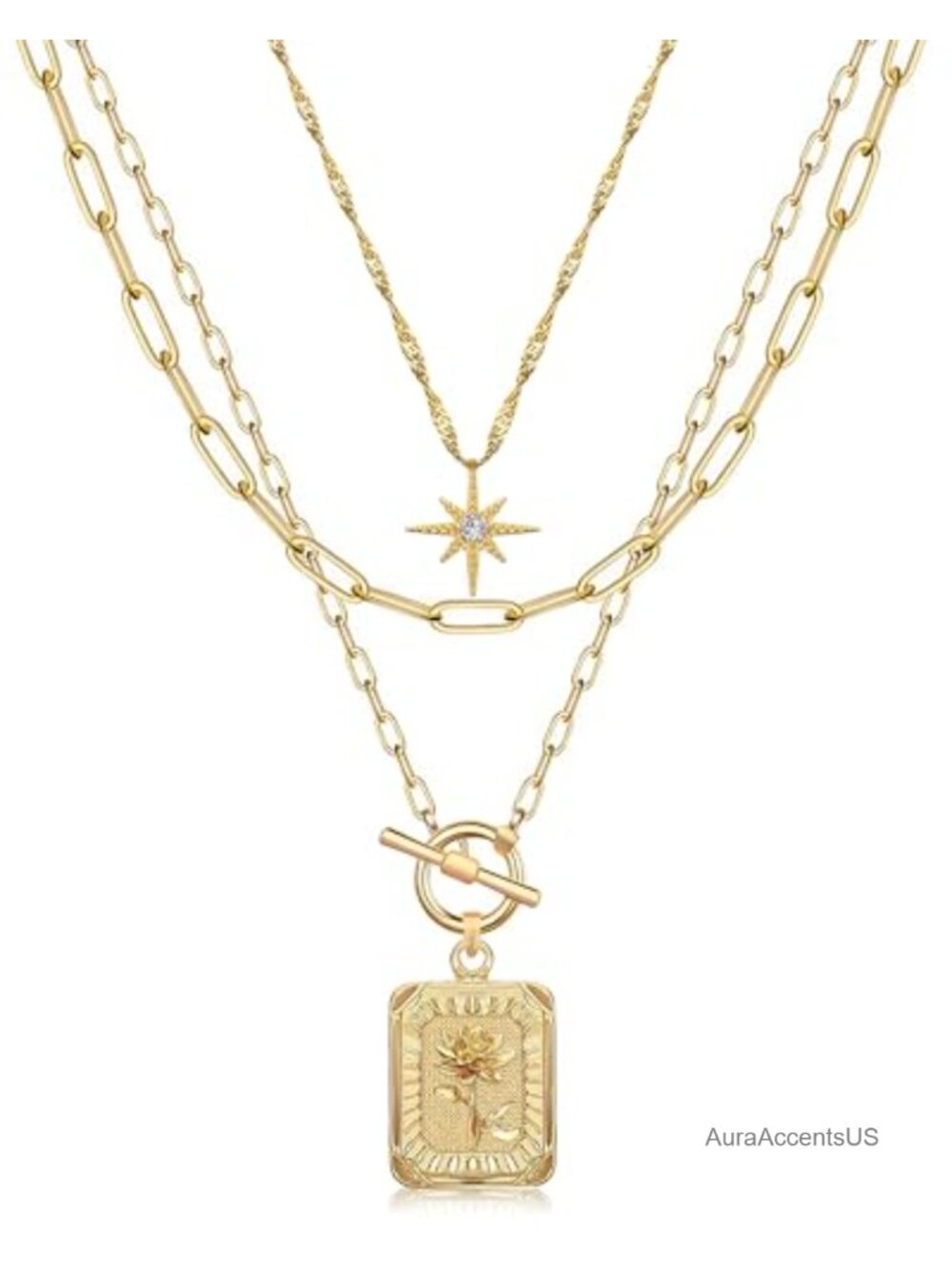 Layered Necklace Set, 14K Gold Plated Brass, Paperclip Chain, Birth Flower